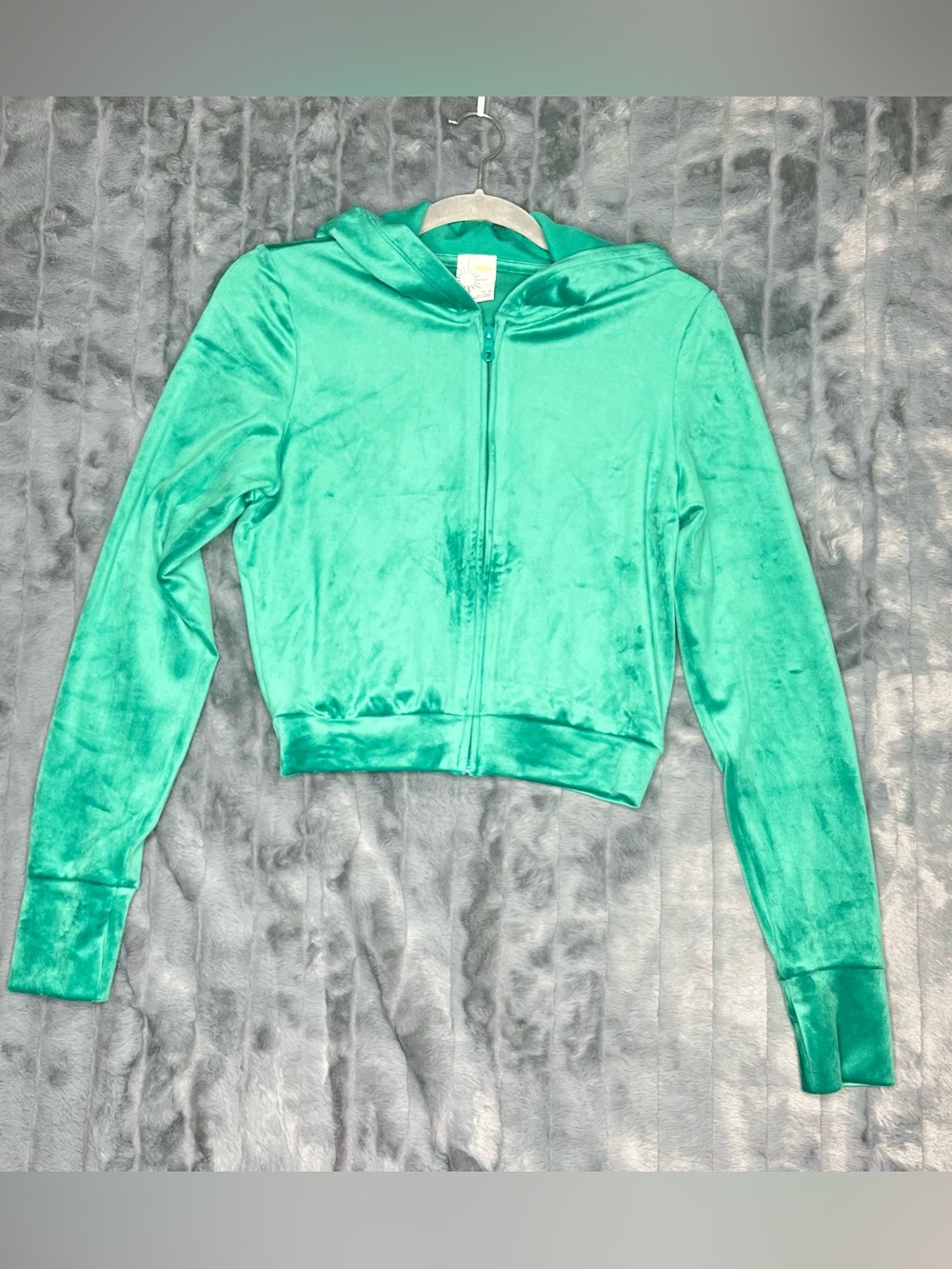Offline Green Velour Cropped Zip Up Hoodie Y2K Soft Velvet Athleisure Women’s M